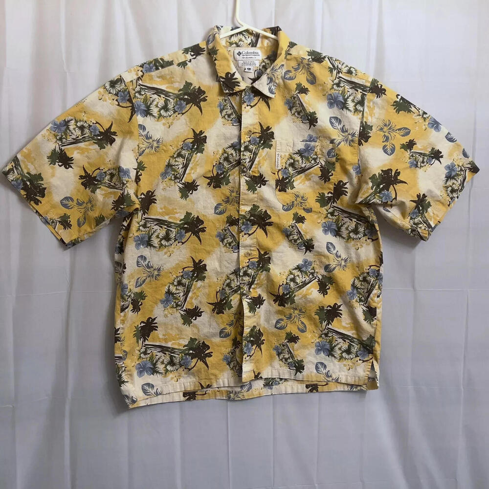 Columbia Button Up Shirt Men's Extra Large XL Yellow w/ Floral Pattern